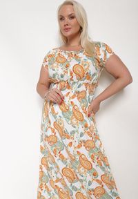 Born2be - Biało-Pomarańczowa Bawełniana Sukienka z Gumką w Pasie Zilletta. Okazja: na co dzień, na randkę. Kolor: biały. Materiał: bawełna. Styl: casual, klasyczny #3