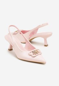 Born2be - Różowe Sandały na Obcasie Typu Kaczuszka z Odkrytą Piętą Solreia. Okazja: na spotkanie biznesowe, do pracy. Nosek buta: szpiczasty. Zapięcie: sprzączka, klamry. Kolor: różowy. Wzór: kwiaty. Sezon: lato. Obcas: na obcasie. Styl: biznesowy, elegancki, klasyczny. Wysokość obcasa: średni #3