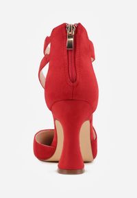 Born2be - Czerwone Czółenka na Stożkowym Obcasie z Ozdobnymi Paskami Rorila. Okazja: do pracy, na spotkanie biznesowe. Zapięcie: pasek. Kolor: czerwony. Wzór: paski. Obcas: na obcasie. Styl: biznesowy, elegancki. Wysokość obcasa: średni #8