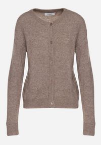 Born2be - Ciemnobeżowy Kardigan o Klasycznym Kroju z Okrągłym Dekoltem Renfira. Okazja: na co dzień. Kolor: beżowy. Materiał: jeans. Długość rękawa: długi rękaw. Długość: długie. Wzór: aplikacja. Styl: klasyczny #6