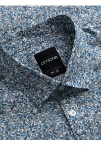 Ombre Clothing - Koszula męska SLIM FIT w print drobnych liści - jasnoniebieska V1. Okazja: na co dzień. Kolor: niebieski. Materiał: tkanina, skóra, bawełna. Wzór: nadruk. Styl: casual #6
