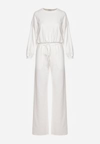 Renee - Biały Bawełniany Komplet Bluza Krótka ze Ściągaczem i Szerokie Spodnie ze Sznurkiem w Pasie Rionnea. Kolor: biały. Materiał: bawełna #4