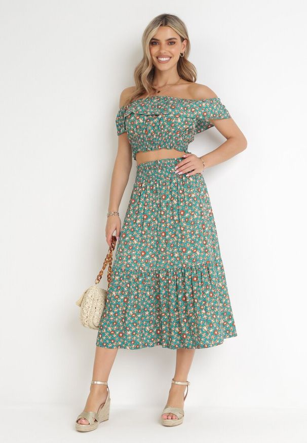 Born2be - Zielony 2-częściowy Bawełniany Komplet ze Spódnicą i Topem Hiszpanka Ollija. Kolor: zielony. Materiał: bawełna. Wzór: kwiaty