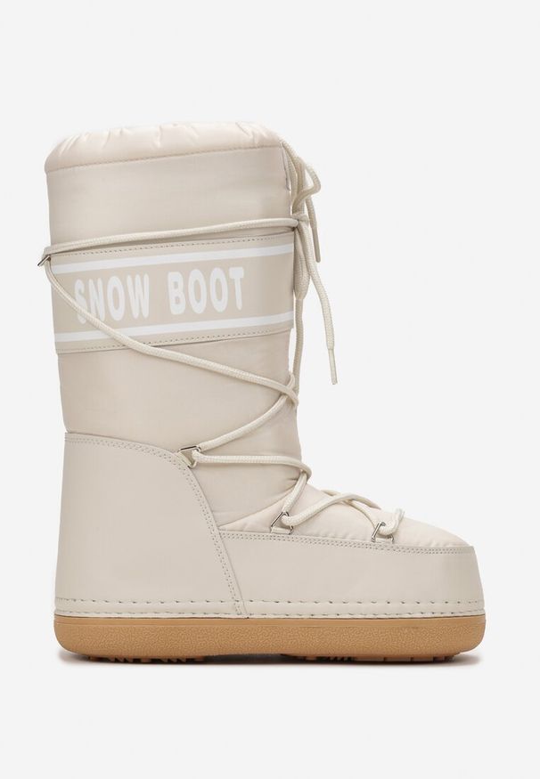 Born2be - Beżowe Ocieplone Śniegowce z Długą Cholewką na Platformie Carvina. Zapięcie: pasek. Kolor: beżowy. Szerokość cholewki: normalna. Wzór: napisy, aplikacja. Obcas: na platformie