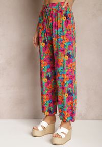 Renee - Pomarańczowo-Różowe Wiskozowe Spodnie z Prostą Nogawką High Waist w Kwiatowy Wzór Zaranima. Stan: podwyższony. Kolor: pomarańczowy. Materiał: wiskoza. Wzór: kwiaty. Sezon: lato #4
