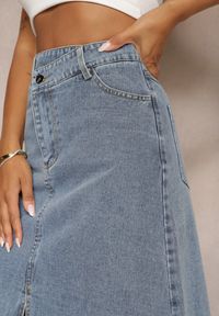 Renee - Niebieska Postrzępiona Spódnica Maxi z Jeansu z Rozcięciem Feedi. Stan: podwyższony. Kolor: niebieski. Materiał: jeans