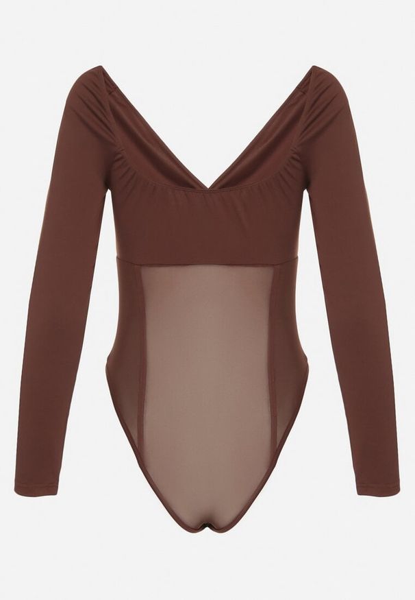 Born2be - Brązowe Body Vices z Długim Rękawem i Dekoltem w Serek Aleriie. Okazja: na randkę. Typ kołnierza: dekolt w serek. Kolor: brązowy. Materiał: jeans. Długość rękawa: długi rękaw. Długość: długie. Styl: elegancki