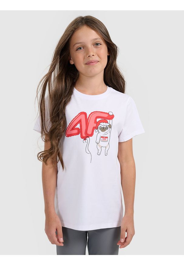 4f - 4F T-shirt regular z nadrukiem świątecznym dziewczęcy - biały 152 (11-12 lat). Kolor: biały. Materiał: bawełna, skóra, materiał, jeans. Wzór: nadruk. Sezon: lato. Styl: wizytowy