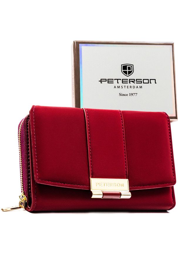Bordowy portfel damski wykonany ze skóry ekologicznej, zamykany zatrzaskiem - Peterson. Kolor: czerwony. Materiał: skóra ekologiczna