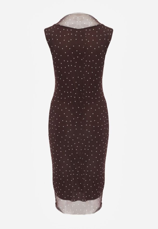 Born2be - Brązowa Sukienka w Kropki z Dekoltem w Kształcie Łódki o Dopasowanym Fasonie Kallironis. Okazja: na spotkanie biznesowe, na co dzień. Typ kołnierza: dekolt w łódkę. Kolor: brązowy. Materiał: materiał. Długość rękawa: bez rękawów. Wzór: kropki. Typ sukienki: proste, dopasowane. Styl: elegancki, biznesowy, casual