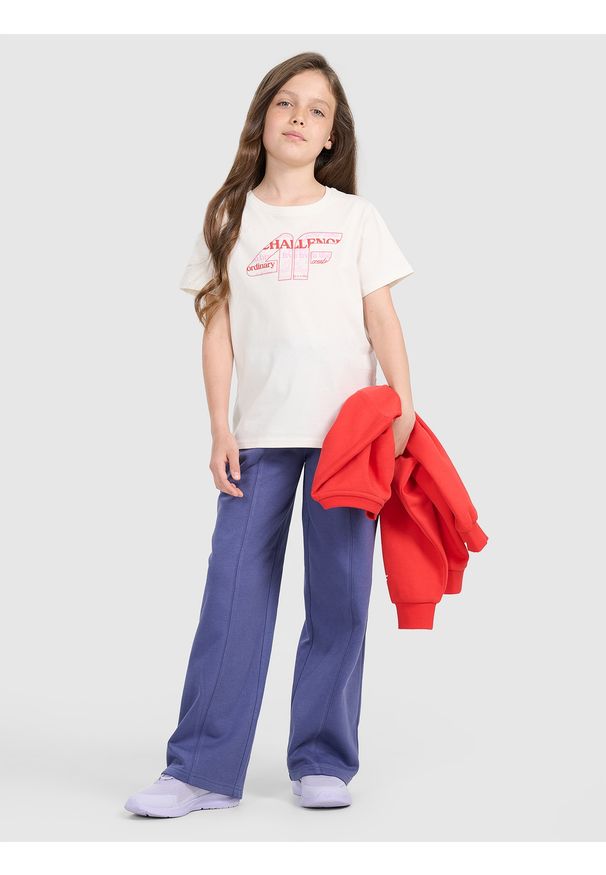 4f - 4F Spodnie dresowe z szerokimi nogawkami dziewczęce - granatowe 140 (9-10 lat). Okazja: na co dzień. Kolor: niebieski. Materiał: dresówka. Wzór: gładki, ze splotem. Sezon: lato. Styl: sportowy, casual, elegancki, młodzieżowy