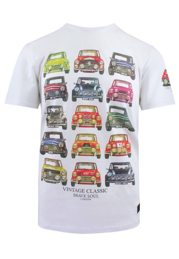 Bawełniany T-Shirt, Męski - Brave Soul - Retro Auta - Biały. Okazja: na co dzień. Kolor: biały. Materiał: bawełna. Wzór: nadruk. Sezon: wiosna, lato. Styl: retro