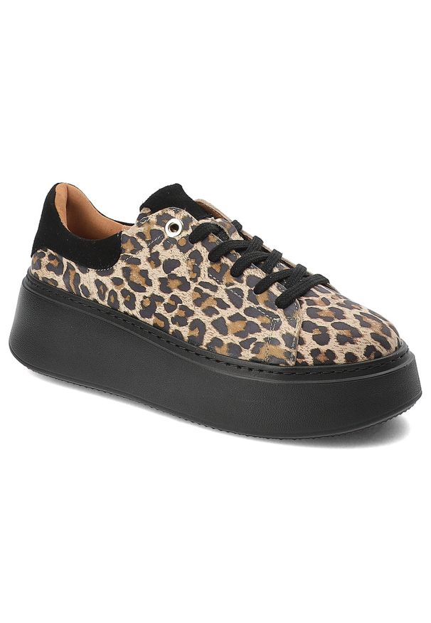 Panterka Sneakersy Armodo Damskie Obuwie Premium. Zapięcie: sznurówki. Kolor: czarny. Materiał: zamsz. Wzór: motyw zwierzęcy. Obcas: na platformie