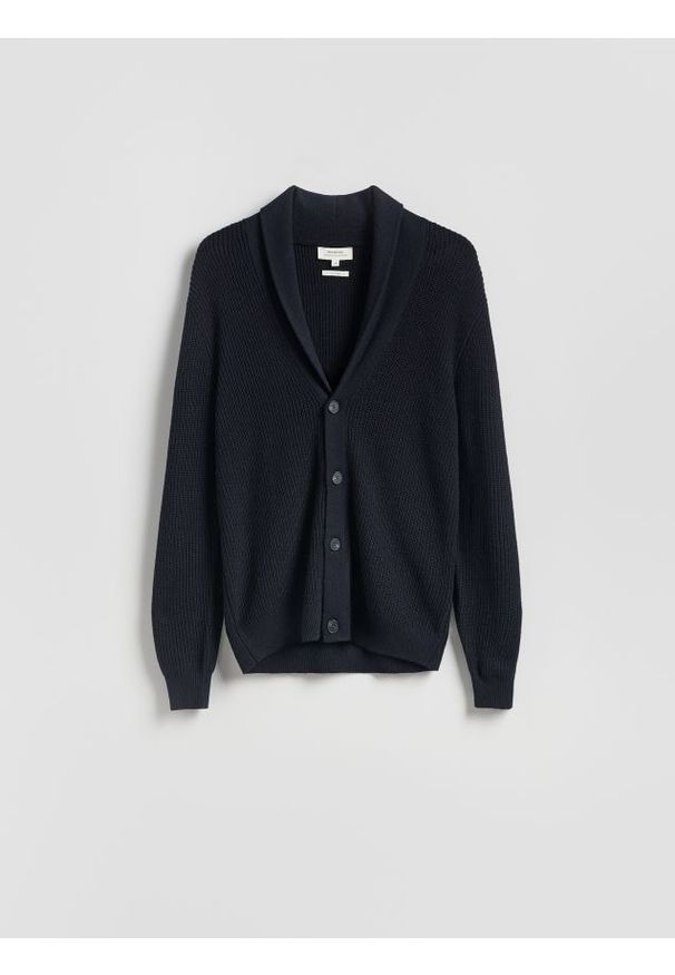 Reserved - Kardigan z wełną - granatowy. Kolor: niebieski. Materiał: wełna