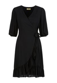 Ochnik - Czarna sukienka z falbanką. Kolor: czarny. Materiał: wiskoza. Typ sukienki: rozkloszowane, asymetryczne. Długość: mini #3