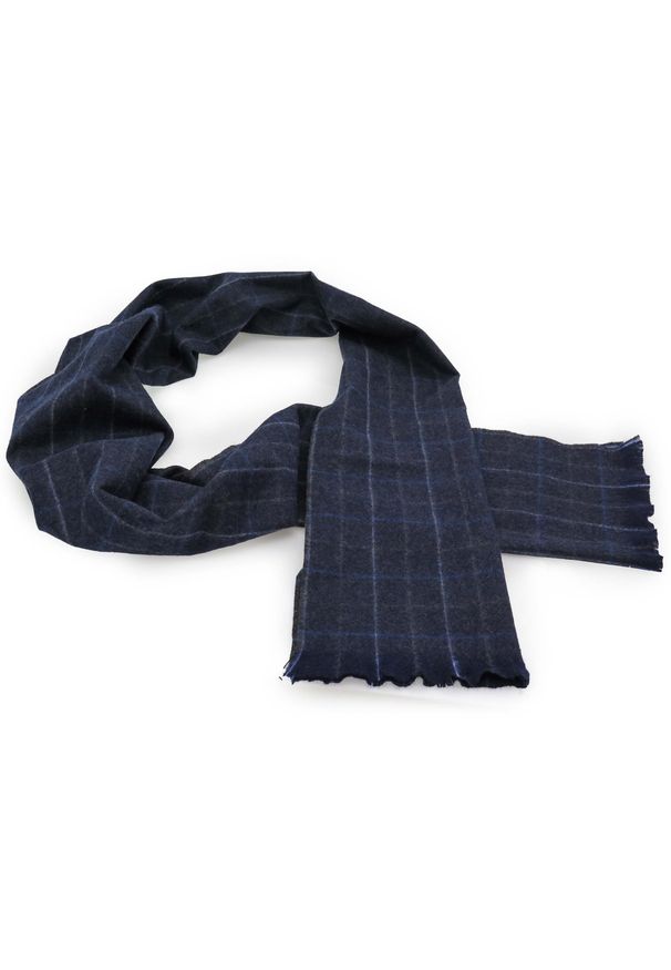 Adam Collection - Granatowy szal męski w kratkę A1. Kolor: niebieski. Materiał: wiskoza, poliester. Wzór: kratka