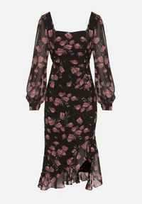 Born2be - Czarno-Różowa Taliowana Sukienka VICES z Falbankami i Bufiastymi Rękawami Aruvita. Okazja: na ślub cywilny, na wesele. Typ kołnierza: kołnierz z falbankami. Kolor: czarny. Materiał: lakier. Typ sukienki: oversize. Styl: klasyczny #2