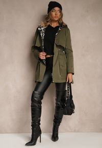Renee - Zielona Kurtka Parka Ozdobiona Sznurkami przy Odpinanym Kapturze Loriballe. Okazja: na co dzień. Kolor: zielony. Materiał: jeans. Wzór: aplikacja. Sezon: jesień. Styl: casual #3