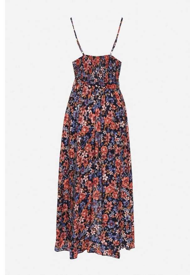 Born2be - Granatowo-Czerwona Bawełniana Sukienka Kopertowa na Cienkich Ramiączkach w Kwiatowy Wzór Rissamira. Okazja: na spacer, na randkę, na co dzień. Kolor: niebieski. Materiał: bawełna. Długość rękawa: na ramiączkach. Wzór: kwiaty. Sezon: lato. Typ sukienki: kopertowe. Styl: elegancki, casual