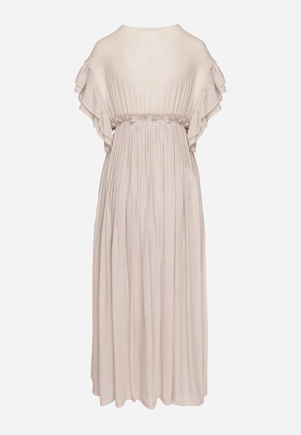 Born2be - Beżowa Taliowana Sukienka z Bawełny Ozdobiona Falbanami przy Rękawach i Gumką w Talii Rivasie. Typ kołnierza: dekolt w kształcie V. Kolor: beżowy. Materiał: bawełna. Długość rękawa: krótki rękaw. Wzór: aplikacja. Sezon: lato