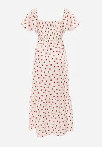 Renee - Beżowa Rozkloszowana Sukienka w Kropki z Bawełny z Bufiastymi Rękawami Aninele. Kolor: beżowy. Materiał: bawełna. Wzór: kropki. Sezon: lato #8