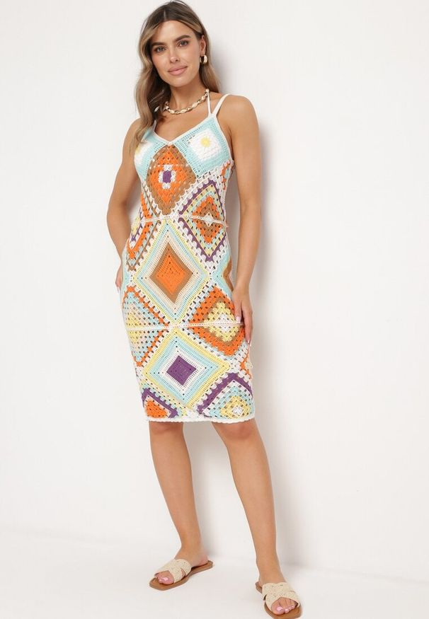 Born2be - Żółta Wzorzysta Sukienka Midi z Szydełkowej Bawełny na Cienkich Ramiączkach Juliesa. Kolor: żółty. Materiał: bawełna. Długość rękawa: na ramiączkach. Wzór: geometria. Sezon: wiosna, lato. Długość: midi