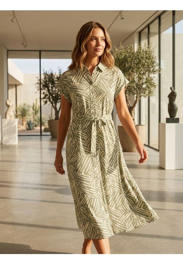 Sinsay - Wiskozowa sukienka midi z kołnierzykiem - zielony. Kolor: zielony. Materiał: wiskoza. Długość: midi