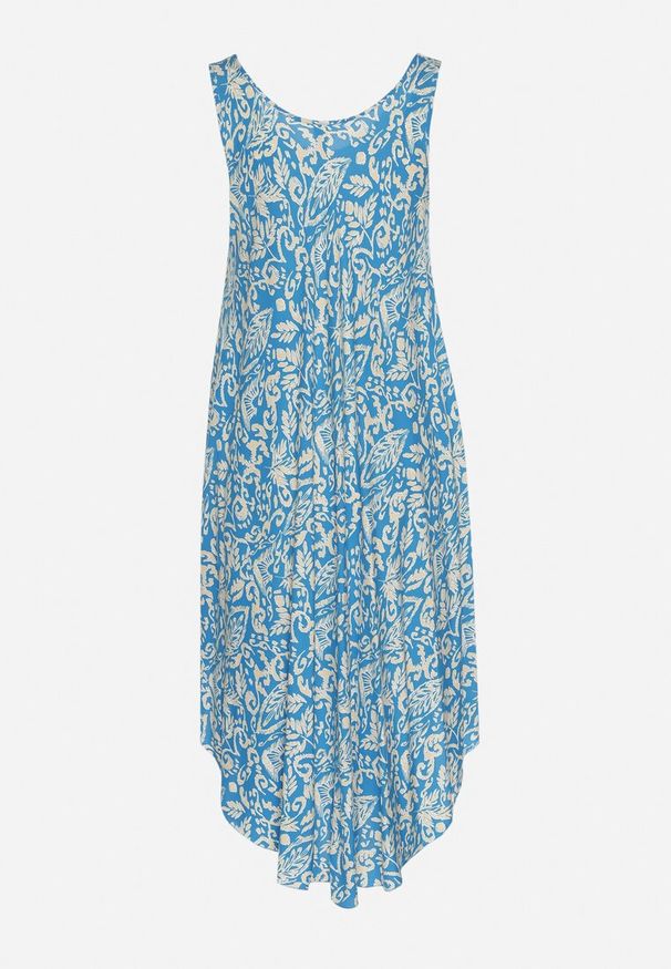 Born2be - Niebieska Asymetryczna Sukienka Bawełniana w Ornamentalny Wzór Natialira. Okazja: na co dzień. Kolor: niebieski. Materiał: bawełna. Typ sukienki: asymetryczne. Styl: casual, elegancki