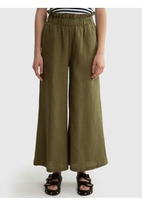 Big-Star - Lniane spodnie damskie paperbag z szeroką nogawką khaki Dorona 303. Kolor: zielony. Materiał: len. Styl: elegancki