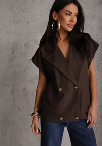 Renee - Brązowa Dwurzędowa Kamizelka Oversize o Garniturowym Kroju Edoriela. Kolor: brązowy. Materiał: poliester, koronka #7