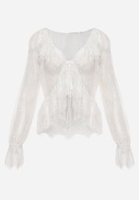 Born2be - Biała Bawełniana Bluzka z Transparentnej Koronki z Falbankami w Stylu Boho Palamna. Okazja: na co dzień. Typ kołnierza: kołnierz z falbankami. Kolor: biały. Materiał: bawełna, koronka. Długość: długie. Wzór: koronka. Styl: boho #4