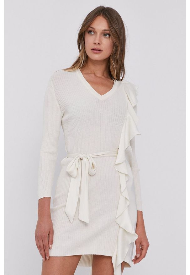 TwinSet - Twinset - Sukienka. Kolor: beżowy. Materiał: tkanina, dzianina. Długość rękawa: długi rękaw. Wzór: gładki. Typ sukienki: dopasowane
