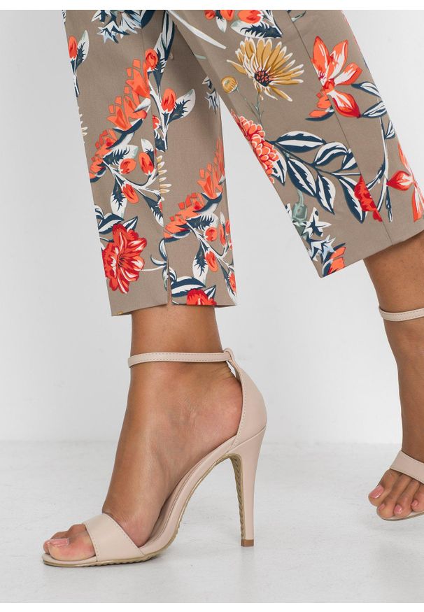 bonprix - Spodnie 7/8 ze stretchem. Kolor: brązowy. Wzór: nadruk, kwiaty. Styl: elegancki, klasyczny