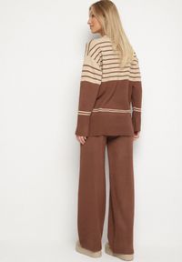 Born2be - Brązowy Dzianinowy Komplet z Wełną Sweter w Paski i Spodnie Raleina. Kolor: brązowy. Materiał: dzianina, wełna. Wzór: paski #5