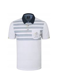 Koszulka Polo - Męska - Pako Jeans - Biała, Paski i Nadruk. Okazja: na co dzień. Typ kołnierza: polo. Kolor: biały. Materiał: bawełna. Wzór: paski, prążki. Styl: casual