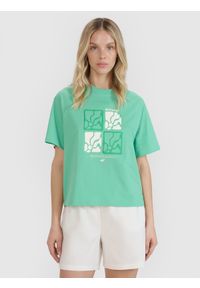 4f - 4F T-shirt oversize z nadrukiem damski - zielony XS. Okazja: na co dzień. Kolor: zielony. Materiał: bawełna, jersey, dzianina, materiał. Długość rękawa: krótki rękaw. Długość: krótkie. Wzór: nadruk. Styl: sportowy, casual, klasyczny