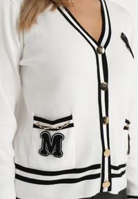 Born2be - Biały Sweter Kardigan na Biżuteryjne Guziki z Naszywkami Reaksmey. Kolor: biały. Materiał: tkanina, wiskoza. Wzór: aplikacja