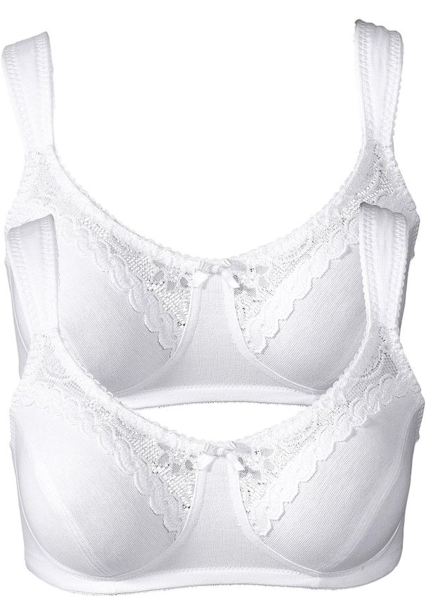 bonprix - Biustonosz bez fiszbinów z bawełną organiczną (2 szt.). Kolor: biały. Materiał: bawełna. Wzór: aplikacja