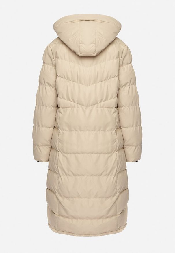 Born2be - Ciemnobeżowa Pikowana Kurtka z Kapturem i Ozdobnymi Taśmami Ettaria. Okazja: na co dzień. Typ kołnierza: kaptur. Kolor: beżowy. Materiał: jeans. Styl: casual, elegancki