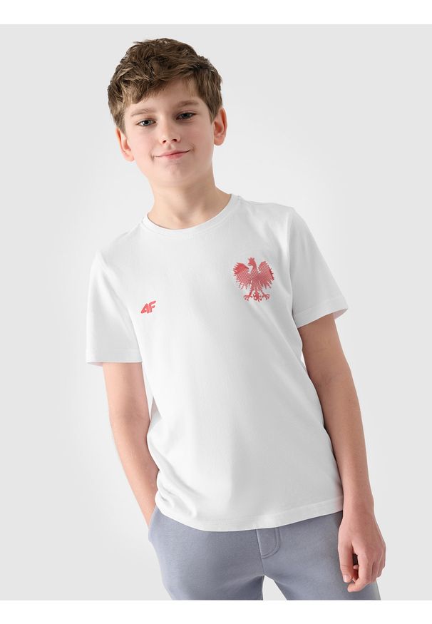 4f - 4F Koszulka kibica dziecięca - biała 146 (10-11 lat). Okazja: na co dzień. Kolor: biały. Materiał: bawełna, dzianina, jersey. Wzór: napisy, gładki, ze splotem, nadruk. Sezon: lato. Styl: klasyczny, casual, sportowy