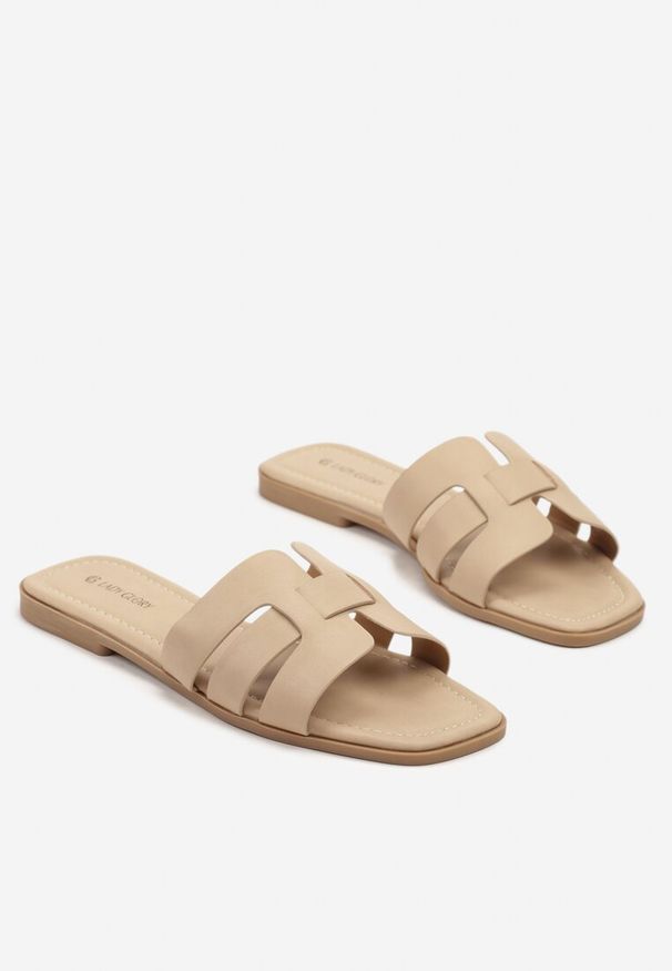 Born2be - Ciemnobeżowe Klapki Ozdobione Paskami Foliera. Okazja: na co dzień. Kolor: beżowy. Materiał: len, jeans. Wzór: aplikacja. Styl: casual, elegancki