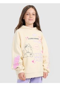 4f - 4F Bluza dresowa nierozpinana z kapturem dziewczęca - żółta 158 (12-13 lat). Okazja: na co dzień. Typ kołnierza: kaptur. Kolor: żółty. Materiał: dresówka. Długość rękawa: raglanowy rękaw. Wzór: ze splotem, nadruk, gładki. Sezon: lato. Styl: casual, sportowy #1