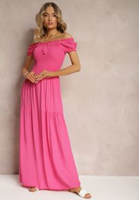 Renee - Różowa Sukienka Hiszpanka z Wiskozy z Górą Marszczoną Gumkami Moallme. Typ kołnierza: dekolt hiszpanka. Kolor: różowy. Materiał: wiskoza