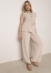Born2be - Beżowy Wiskozowy Komplet Szerokie Spodnie i Koszula Bez Rękawów z Wiązaniem Zanran. Kolor: beżowy. Materiał: wiskoza #4