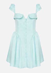 Born2be - Jasnozielona Rozkloszowana Sukienka z Ozdobnym Dekoltem i Guzikami Salasesia. Okazja: na co dzień. Typ kołnierza: dekolt kwadratowy. Kolor: zielony. Materiał: tkanina. Sezon: lato. Styl: klasyczny, casual, elegancki #2