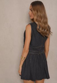 Renee - Czarny Wiskozowy Komplet Jeansowy Kamizelka i Spódnica o Rozkloszowanym Kroju Isbia. Kolor: czarny. Materiał: jeans, wiskoza #4