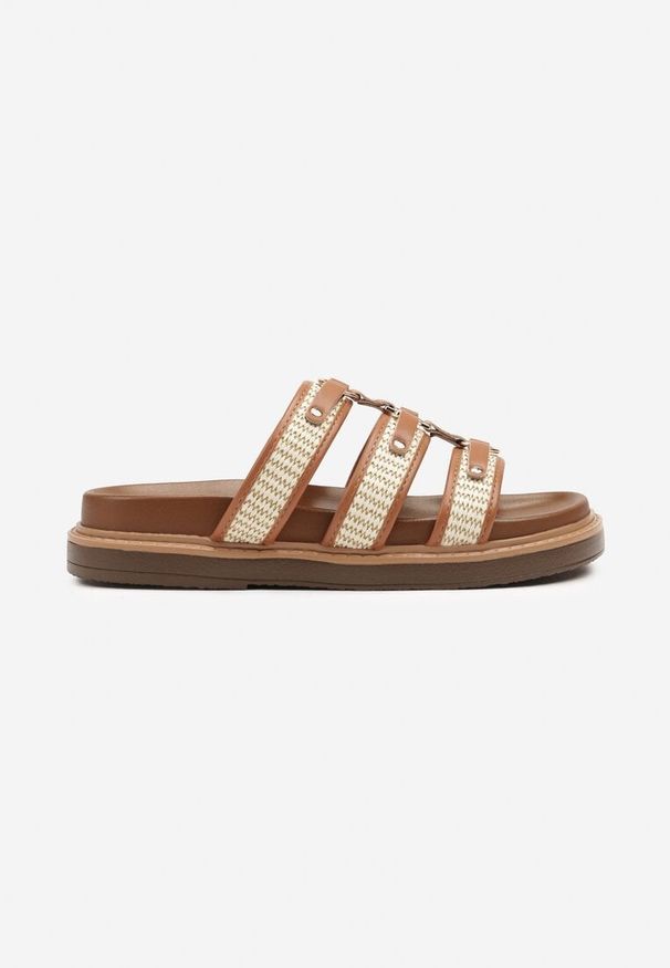 Renee - Brązowe Plecione Klapki w Stylu Gladiatorek Morillia. Okazja: na co dzień, na plażę. Kolor: brązowy. Materiał: jeans. Wzór: haft, paski. Sezon: lato. Styl: casual, boho, elegancki
