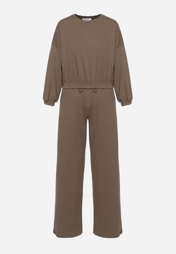 Born2be - Ciemnozielony Komplet Bawełniany Spodnie Szerokie ze Sznurkiem w Pasie i Bluza ze Ściągaczami Urionne. Kolor: zielony. Materiał: bawełna