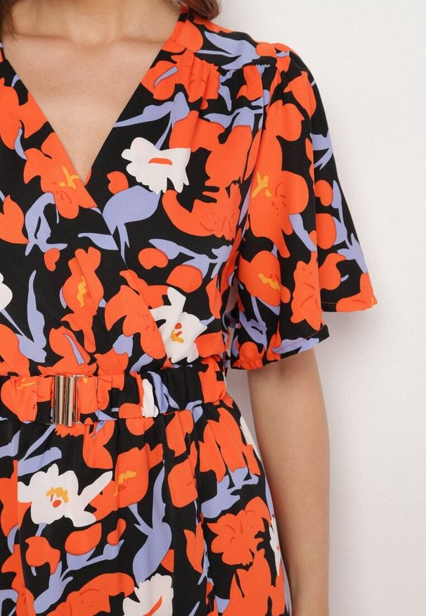 Born2be - Pomarańczowa Sukienka z Bawełną i Bufiastymi Rękawami w Kwiaty Lunedita. Okazja: na co dzień. Kolor: pomarańczowy. Materiał: bawełna. Wzór: kwiaty. Styl: casual, elegancki