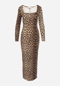 Born2be - Brązowa Dopasowana Sukienka w Panterkę Maxi z Długim Rękawem Esmeria. Typ kołnierza: dekolt kwadratowy. Kolor: brązowy. Długość rękawa: długi rękaw. Wzór: motyw zwierzęcy. Długość: maxi #6